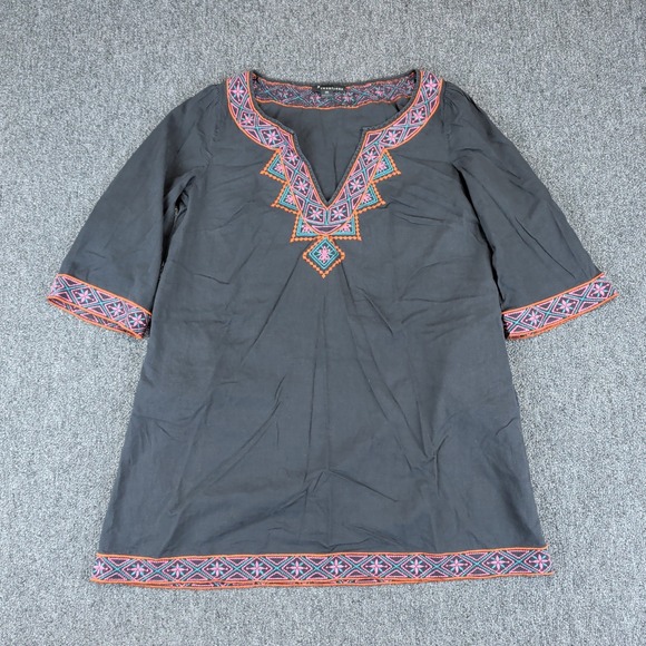Twentyone Boho Embroidered Tunic Top Women Size M Black Cotton V-Neck Festival — photo 2